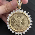 2Ct Round Cut Moissanite Mexican Coin Charm Pendant, 14K Yellow Gold Plated 925 Silver