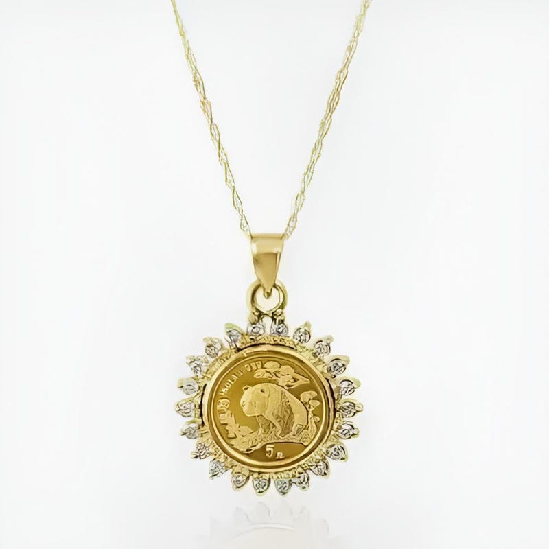 14k Yellow Gold Plated 2 Ct Round Cut CZ Diamond Panda Coin Shape Pendant