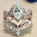 Pear Cut Moissanite Engagement Ring Set, 14K Rose Gold Plated Sterling Silver Wedding Band