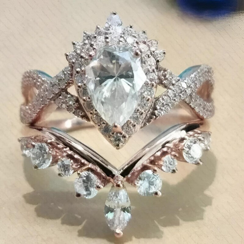 Pear Cut Moissanite Engagement Ring Set, 14K Rose Gold Plated Sterling Silver Wedding Band