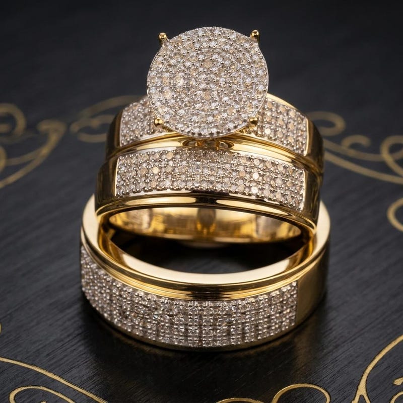 Men's and Women's Trio Ring Set For Engagement Wedding, 14K Yellow Gold Plated Ring With Matching Bridal Band