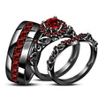 Black Gold Plated Sterling Trio Ring Set, Round Red Garnet, Cubic Zirconia Wedding Bands