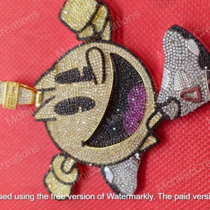 Custom Cartoon Pendant, 14K Yellow Gold Plated, Round Cut CZ Diamond, Iced Out Jewelry