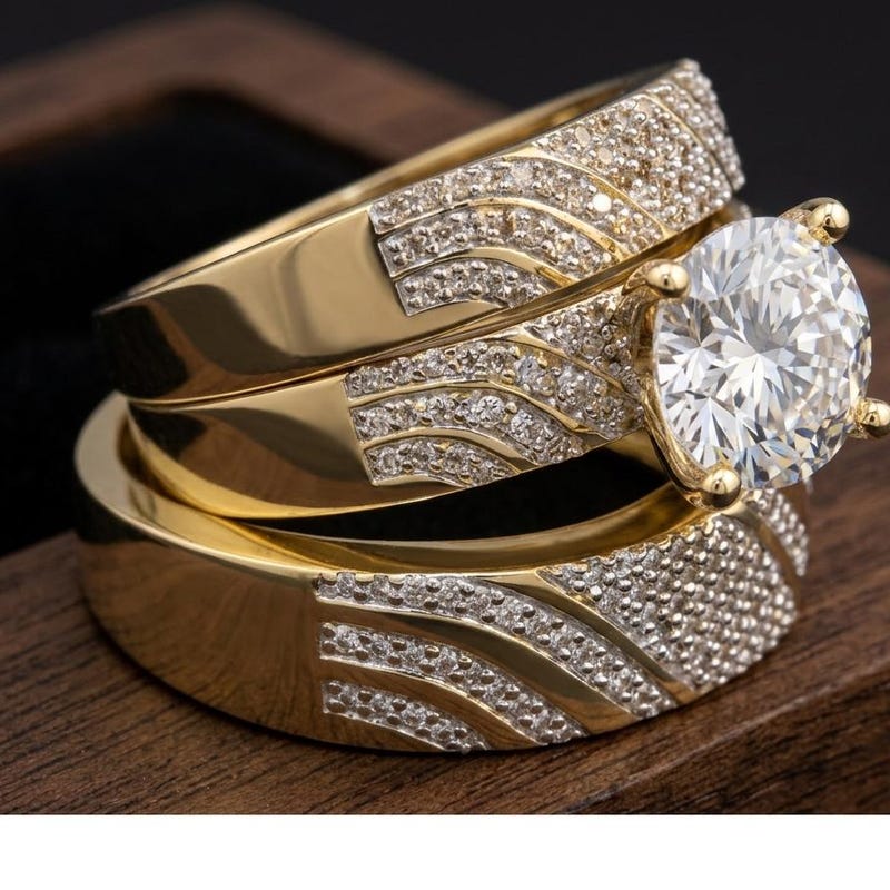 His & Her Matching Wedding Band Diamond Trio Set 14K Yellow Gold Finish Engagement Ring