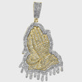14K Two Tone Gold Plated Praying Hands Pendant, Round Moissanite Diamond Charm
