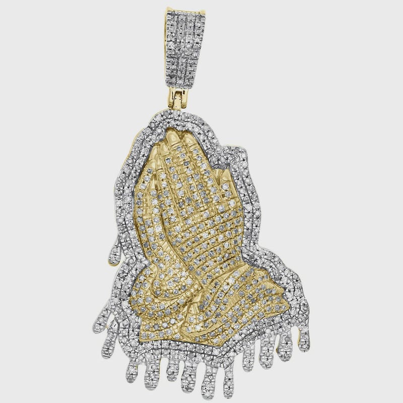 14K Two Tone Gold Plated Praying Hands Pendant, Round Moissanite Diamond Charm