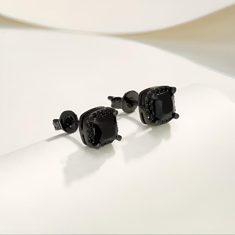 Princess Cut Black Diamond Stud Earrings, 14K Black Gold Plated Sterling Silver Jewelry