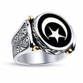 Islamic Crescent Moon Star Men's Ring 14K Yellow Gold Finish Sterling Sterling Silver Eid Special Ring For Him Vintage Ottoman Style Jewelry
