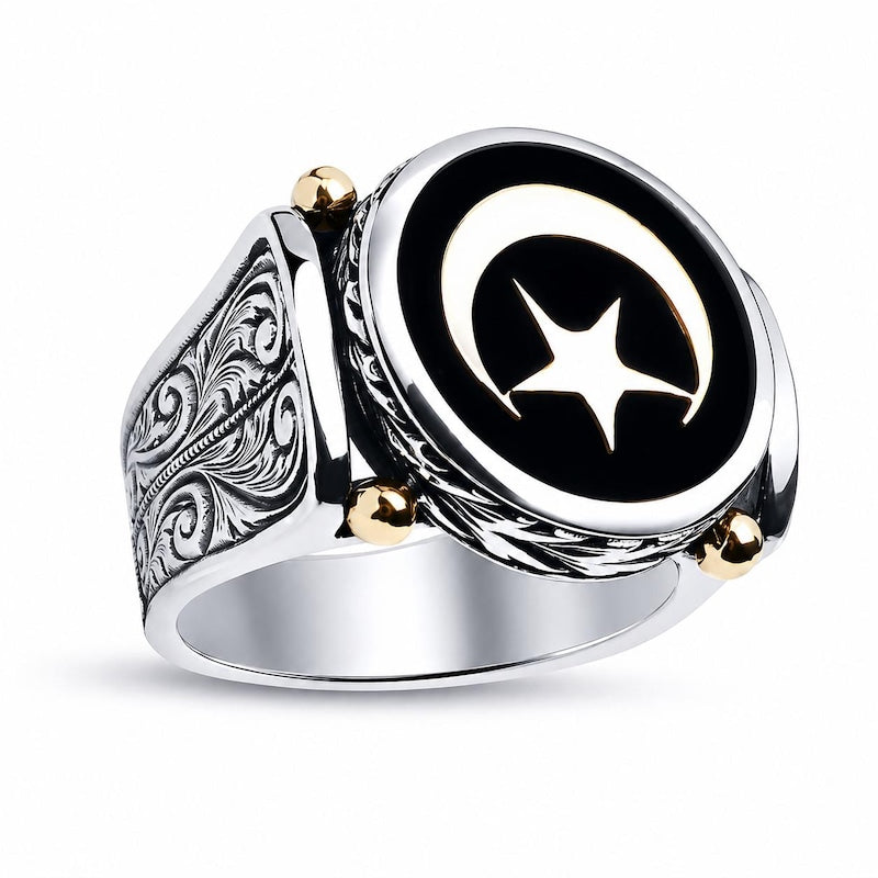 Islamic Crescent Moon Star Men's Ring 14K Yellow Gold Finish Sterling Sterling Silver Eid Special Ring For Him Vintage Ottoman Style Jewelry