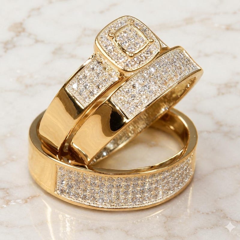 Men's And Women's Wedding Ring Set, White Gold Finish Moissanite Sterling Silver Trio Ring Set