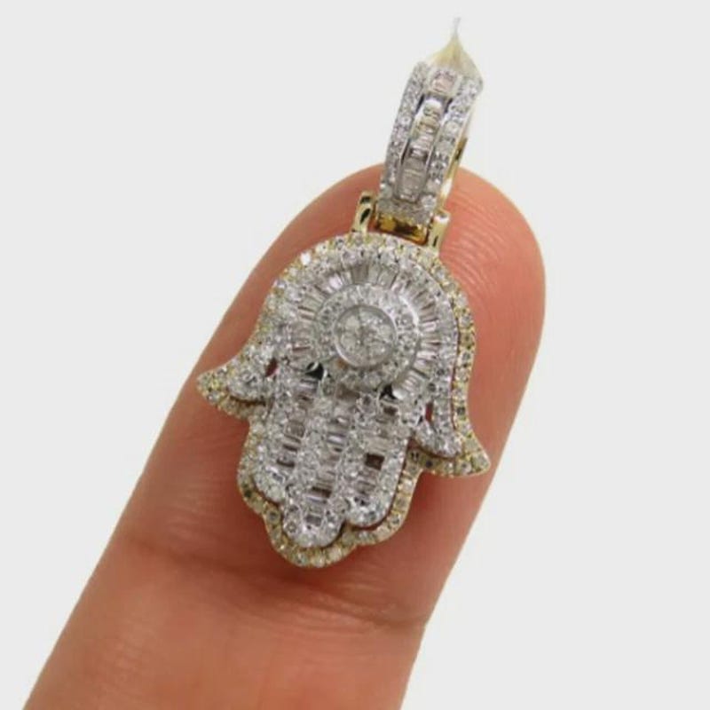 Baguette Round CZ Diamond Hamsa Hand Pendant Necklace, Two Tone Gold Sterling Silver