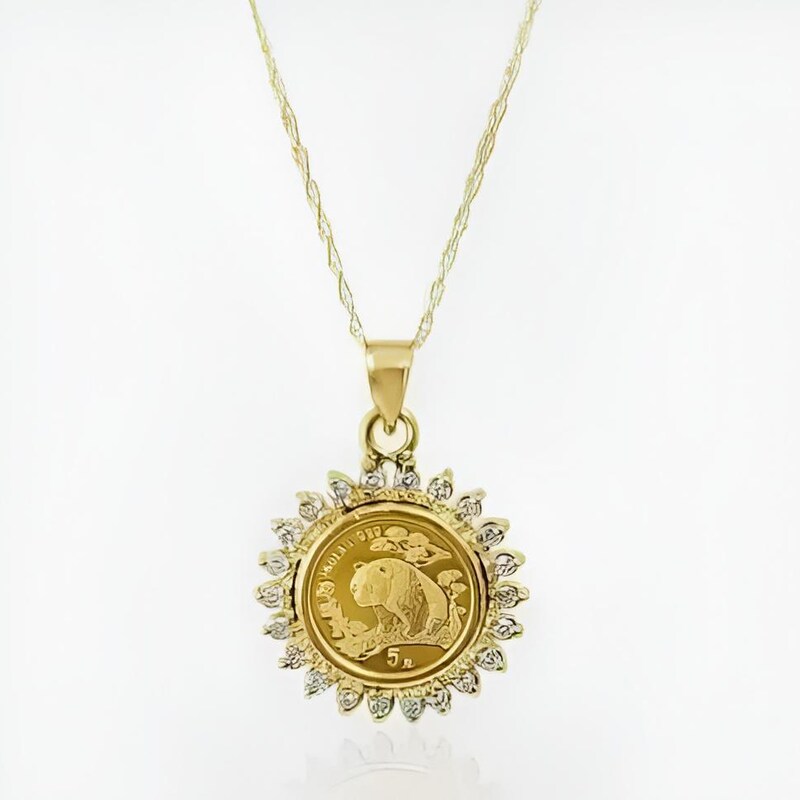 14k Yellow Gold Plated Panda Coin Shape Pendant Round Cubic Zirconia Charm Jewelry