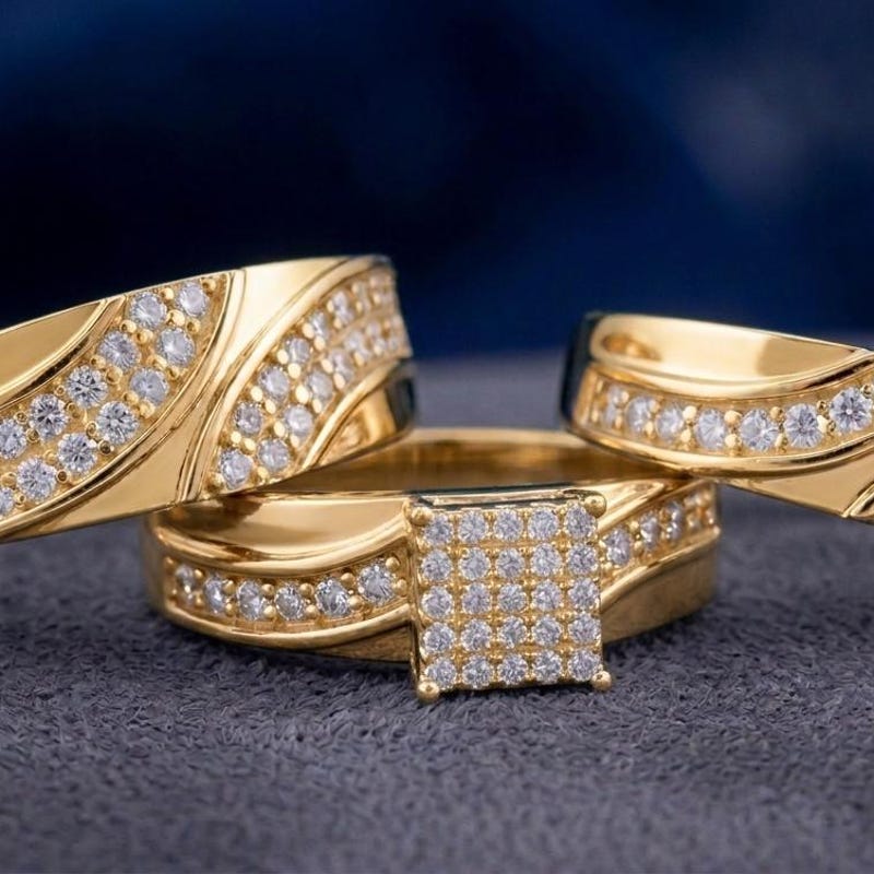 Yellow Gold Finish Sim.Diamond Sterling Silver Trio Ring Set