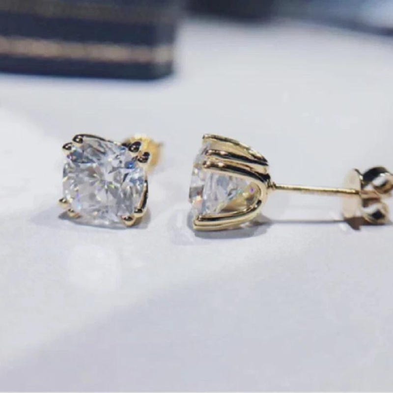 1Ct Cushion Simulated Diamond Solitaire Stud Earrings 14K Yellow Gold Plated