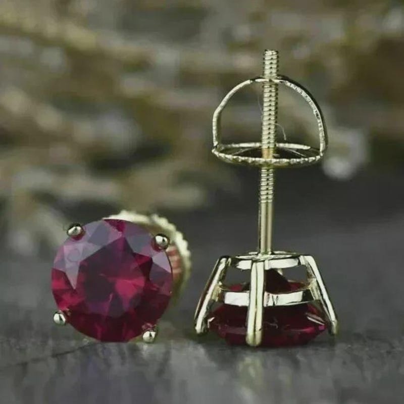 1Ct Round Simulated Garnet Solitaire Stud Earrings, 14K Yellow Gold Plated Sterling Silver