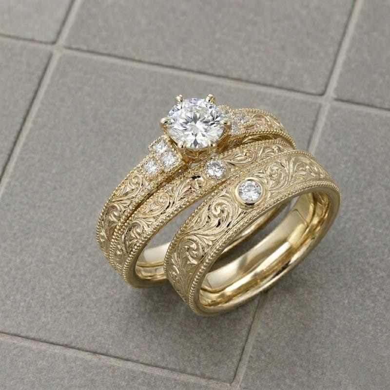 Trio Ring Set For Men and Women Bridal Ring Set   Round Cut Women's Engagement Ring Set, His Wedding Band Sterling Silver