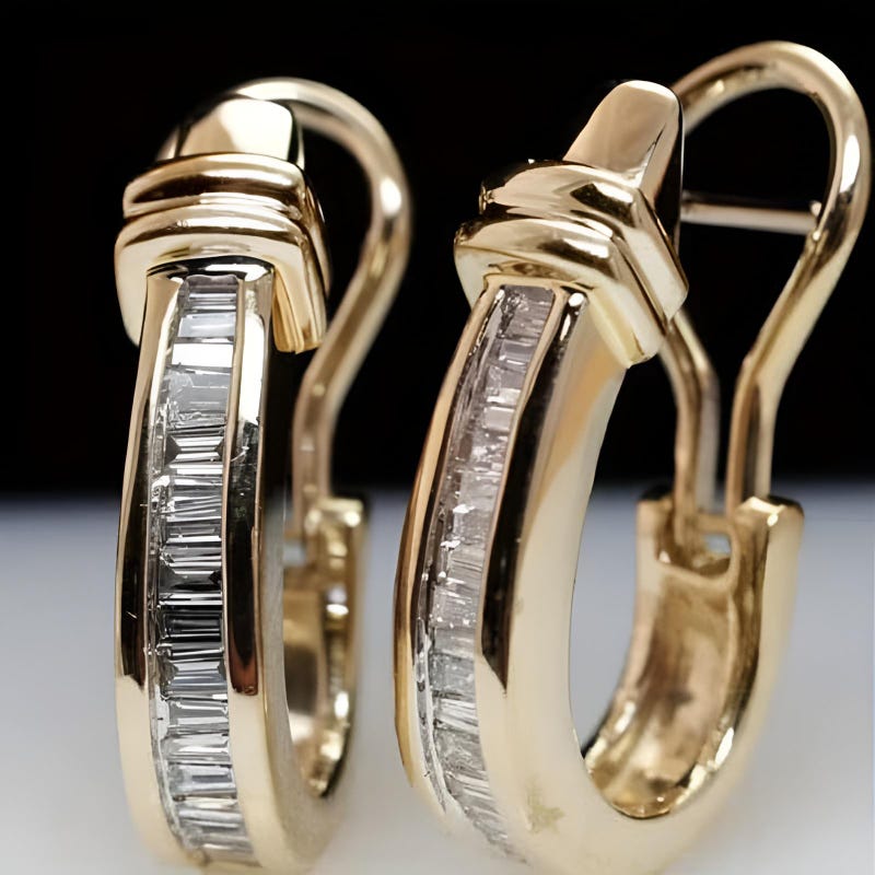 14K Gold Plated Sterling Silver Baguette CZ Hoop Earrings, Minimalist Diamond Huggies