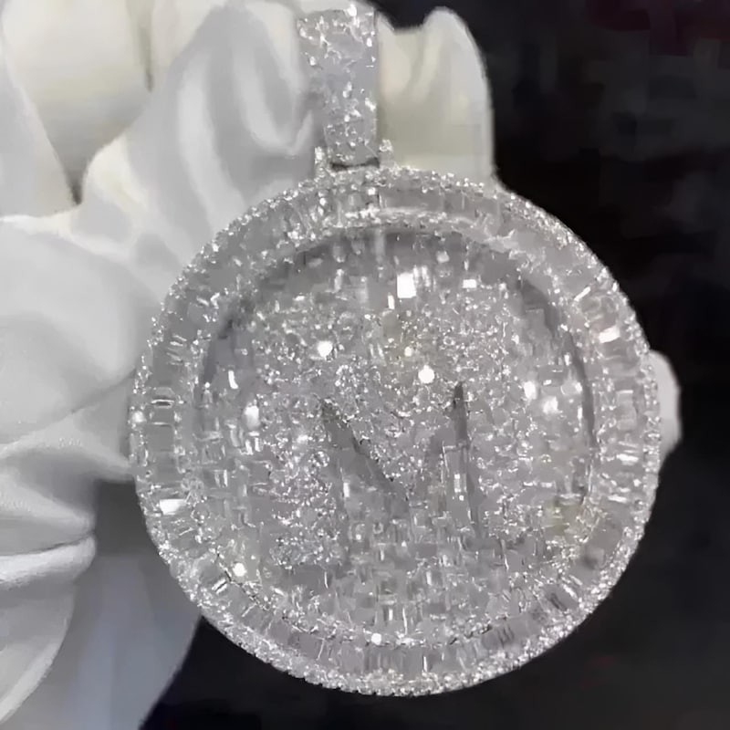 Baguette Cut Moissanite Letter Pendant, Custom Initial Pendant, 925 Sterling Silver Personalized Diamond Charm