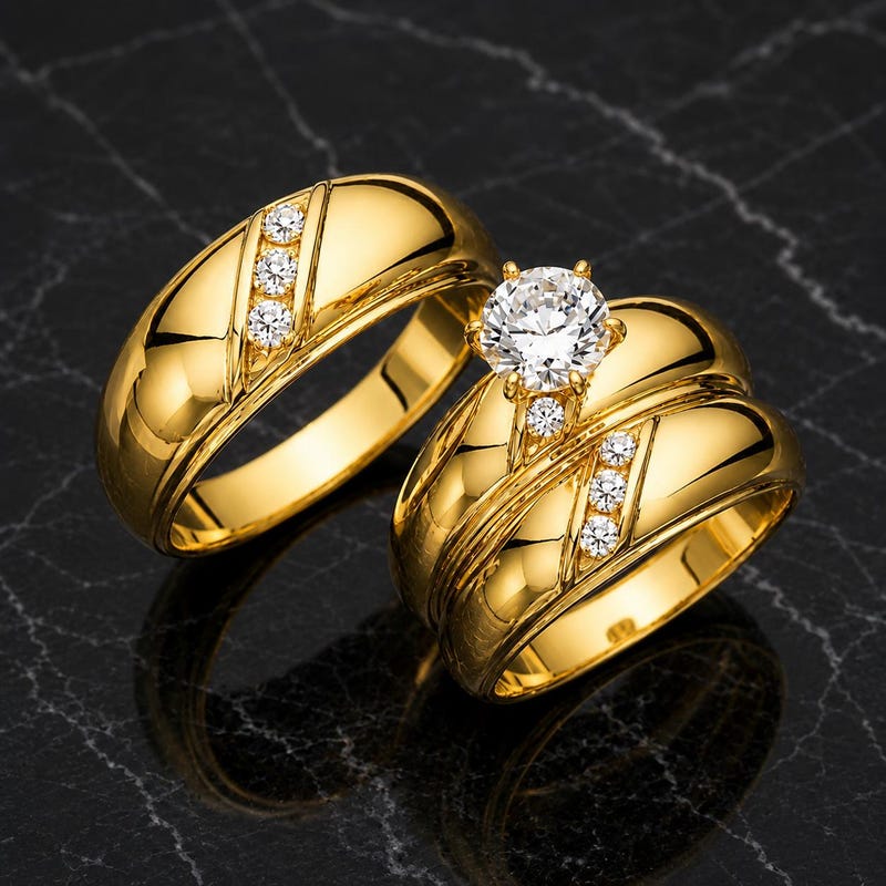 His and Her Diamond Wedding Rings, Couple's Engagement Trio Ring Set, Men & women's Matching Rings, Gold Fn Couple's Latest Band