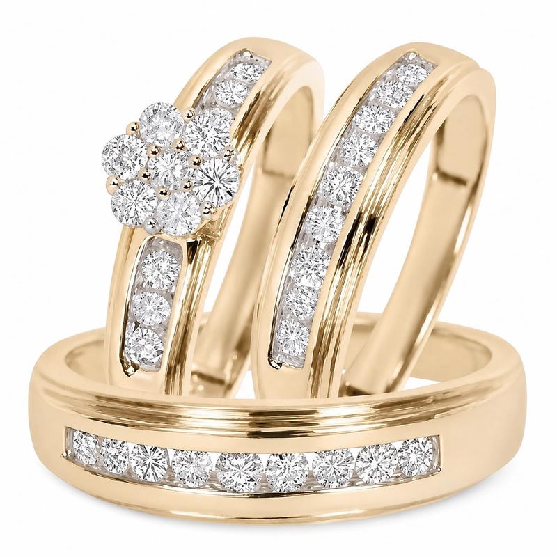 Round Cut Diamond Engagement Matching Wedding Trio Ring Set/Couple's Promise Ring set, 14K Yellow Gold Finish 925 Sterling Silver, Free Gift