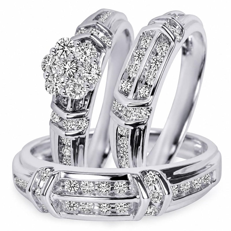 Trio Ring Set/Couple's Promise Ring set, Round Cut Diamond Engagement Matching Wedding 14K White Gold Finish 925 Sterling Silver, Free Gift
