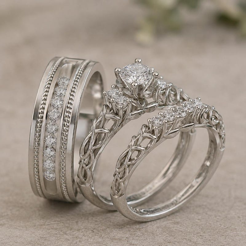 Celtic His & Her Wedding Ring Set, 14K White Gold Plated Engagement Rings Matching Wedding Bands, Bridal Ring Set, 925 silver Couples Rings