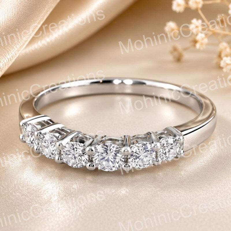Sterling Silver Half Eternity Moissanite Band, 14K White Gold Plated Ring