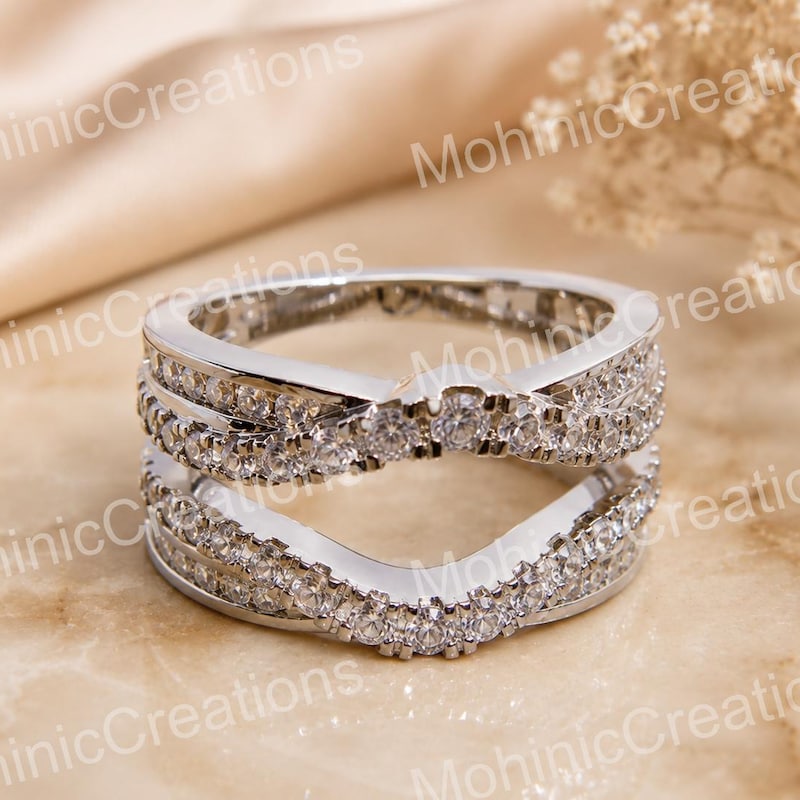 Round Moissanite Enhancer Guard Ring, 14K White Gold Plated Sterling Silver Wrap Ring