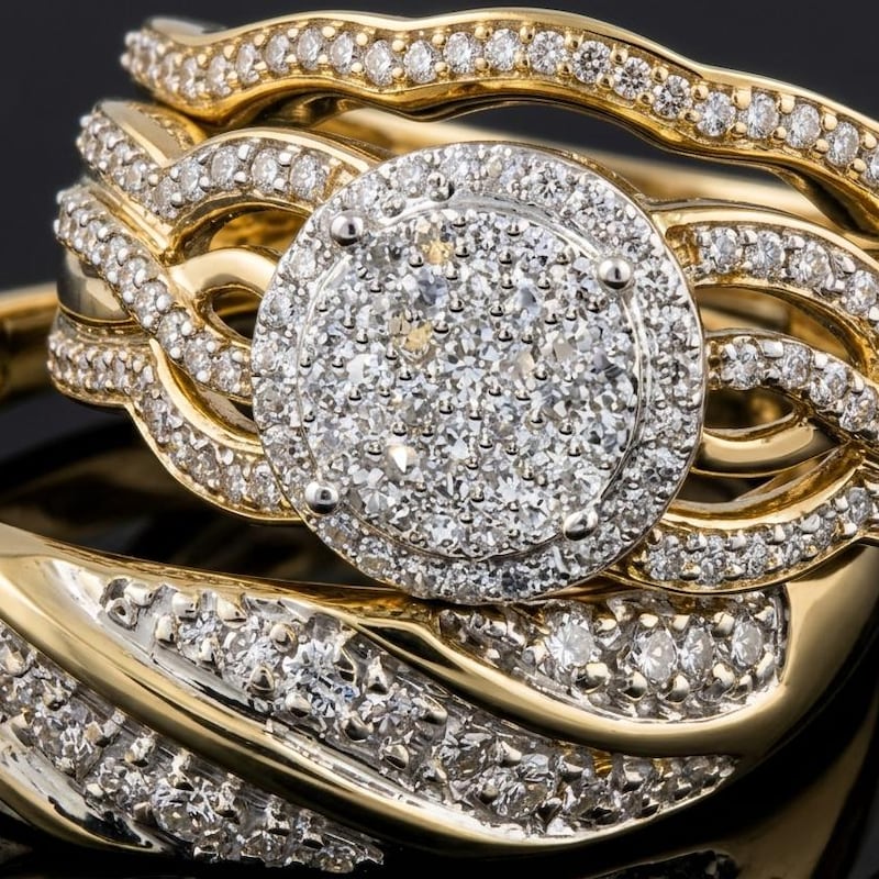 His & Her Matching Wedding Band Diamond Trio Set 14K Yellow Gold Finish Engagement Ring