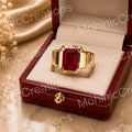 Men's Emerald Cut Ruby Solitaire Ring, 14K Yellow Gold Plated Sterling Silver
