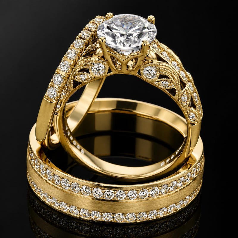 Men & women's Engagement Wedding Ring Set, Gold FN Solitaire With Accent rings For Bride - Groom, Best Ring Pairs For Couple, Couple's Rings