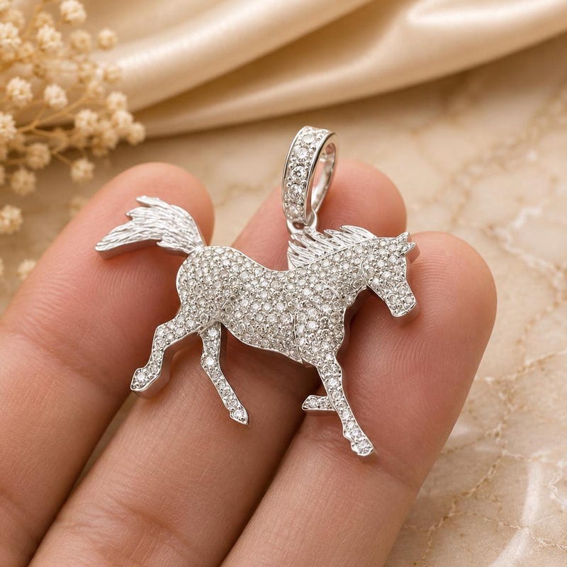 Moissanite Diamond Running Horse Pendant, 14k White Gold Plated Sterling Silver