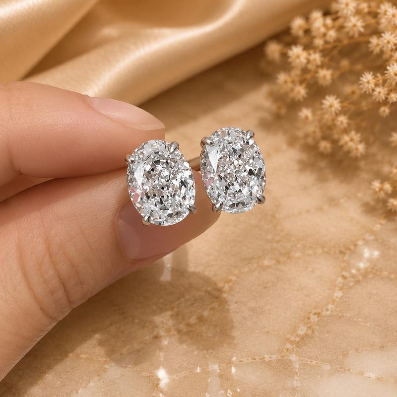 3Ct Oval Moissanite Solitaire Stud Earrings, 14K White Gold Plated Sterling Silver