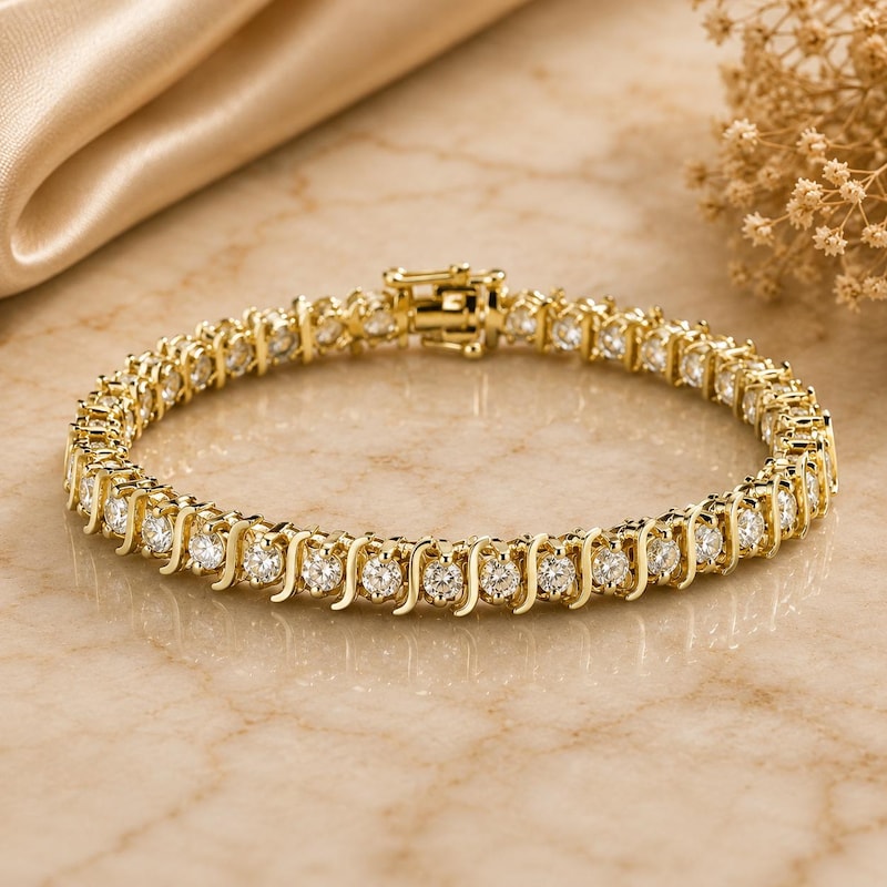 Moissanite Diamond Tennis 7 Inch Bracelet, 14K Gold Plated Sterling Silver,