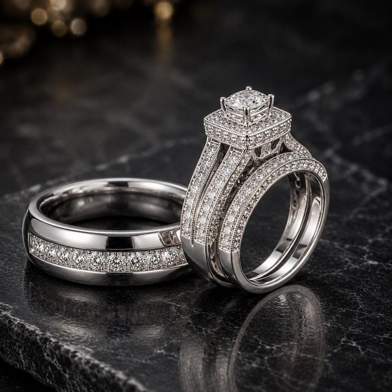 3 Piece His and Her Wedding Ring Set, Vintage Sim Diamond Halo Engagement Ring Set & Channel Set Men's Band, White Gold Plated Trio Set