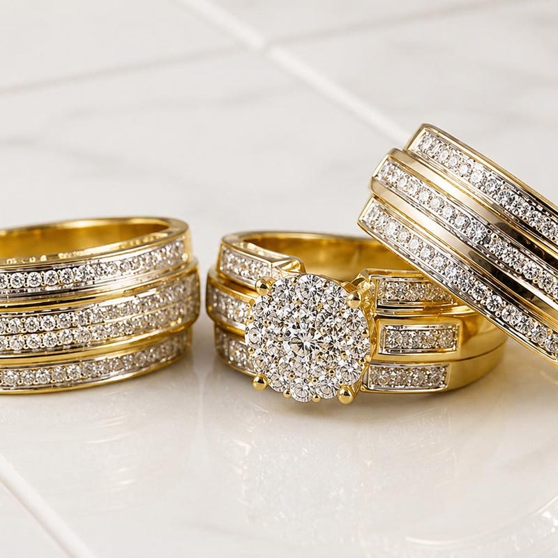 His & Her Matching Wedding Band Diamond Trio Set 14K Yellow Gold Finish Engagement Ring