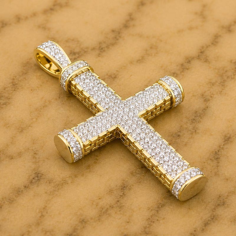 Round Cut Moissanite Diamond Custom Cross Men's Pendant 14k Two Tone Gold Plated