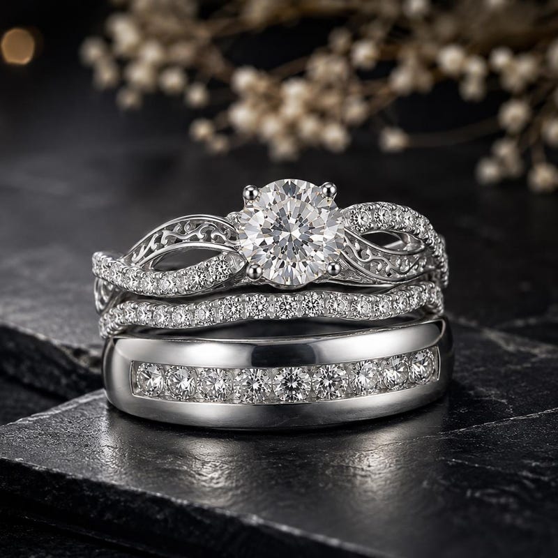 Celtic His & Her Wedding Ring Set, 14K White Gold Plated Engagement Rings Matching Wedding Bands, Bridal Ring Set, 925 silver Couples Rings