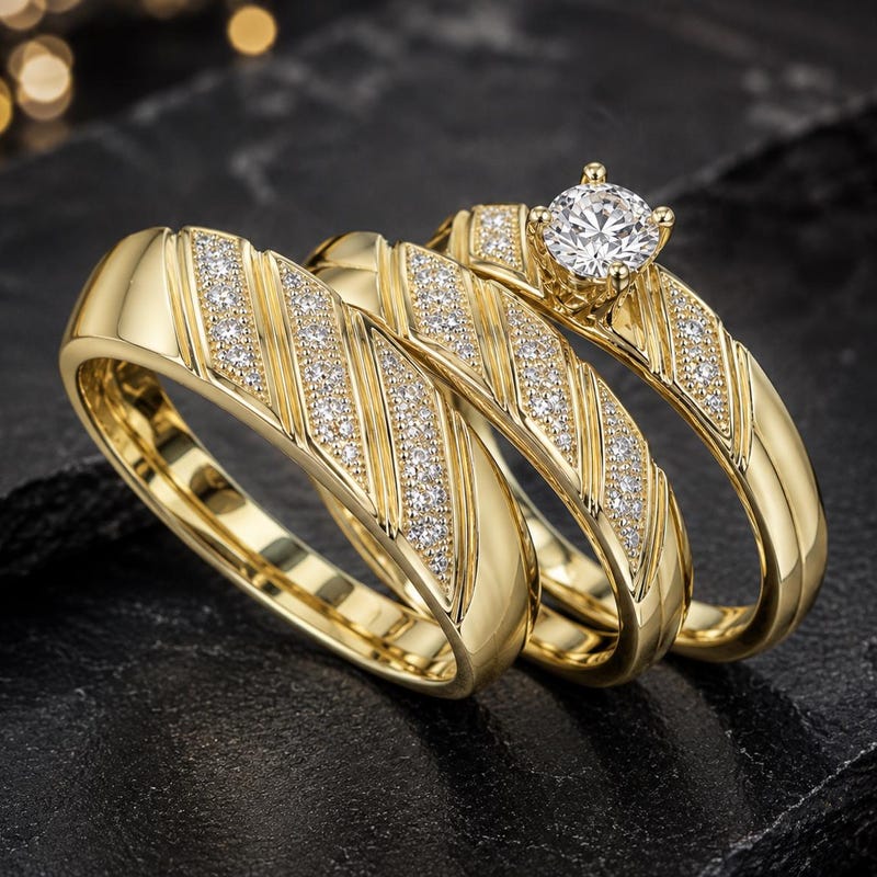 His & Her Matching Wedding Band Diamond Trio Set 14K Yellow Gold Finish Engagement Ring