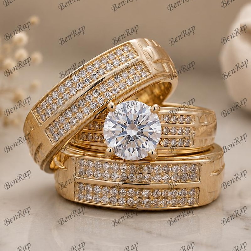 His & Her Matching Wedding Band Diamond Trio Ring Set 14K Yellow Gold Finish Engagement Ring