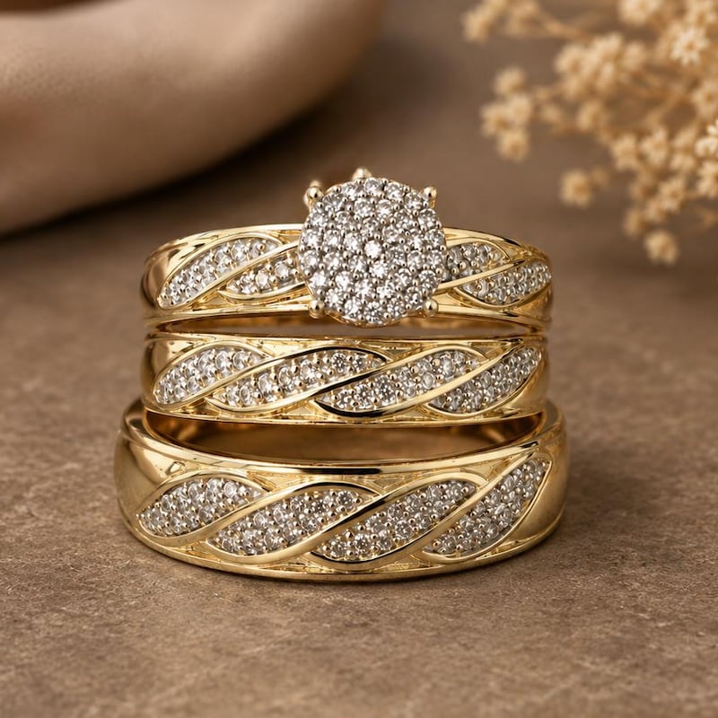 His & Her Matching Wedding Band Diamond Trio Set 14K Yellow Gold Finish Engagement Ring