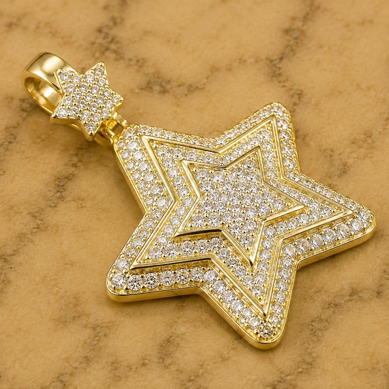 Moissanite Diamond Star Pendant, 14K Yellow Gold Plated Sterling Silver