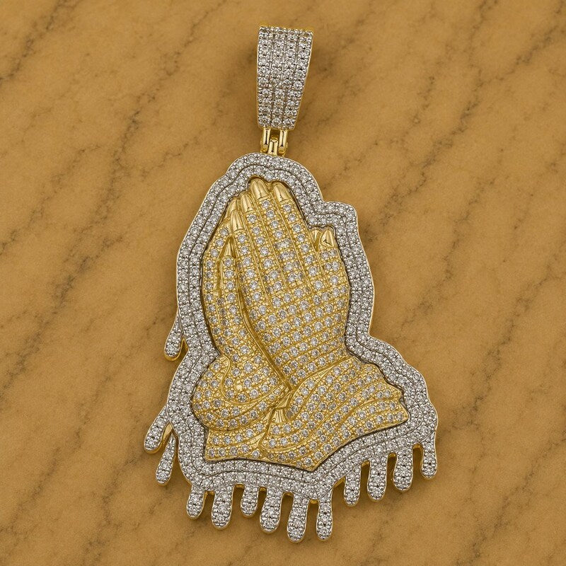 Round Cut Moissanite Diamond Praying Hands Pendant, 14K Two Tone Gold Plated Sterling Silver