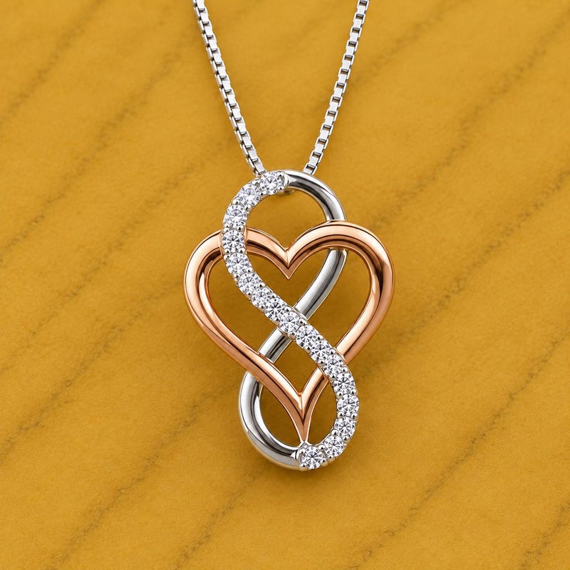 Two Tone Infinity Heart Pendant Chain, Women Gift Lab Diamond, Sterling Silver