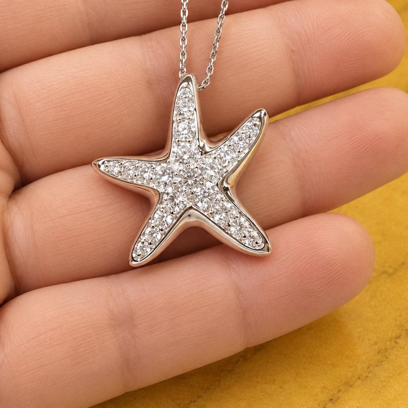 Women Diamond Starfish Pendant Necklace, 925 Silver, White Gold Plated