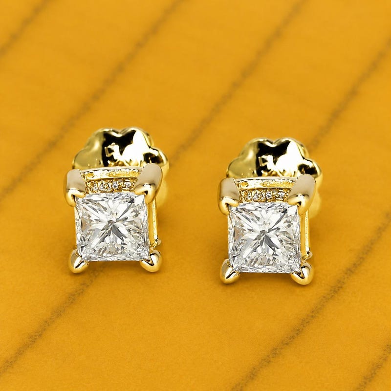 Unisex Screw Back Princess Cut Moissanite Sterling Silver Stud Earrings, Solitaire Earring