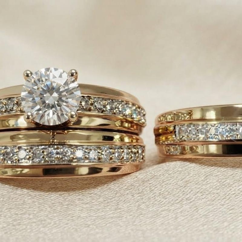 His & Her Matching Wedding Ring Ser Diamond Trio Set 14K Yellow Gold Finish Engagement Ring