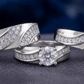 3 Piece Bridal Ring Set, Matching Wedding Bands, Engagement Jewelry, 14K White Gold Plated, Diamond Trio For Men And Women