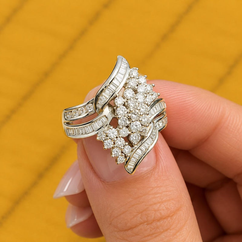 Round & Baguette Cut, Moissanite Cluster Engagement Ring, Sterling Silver