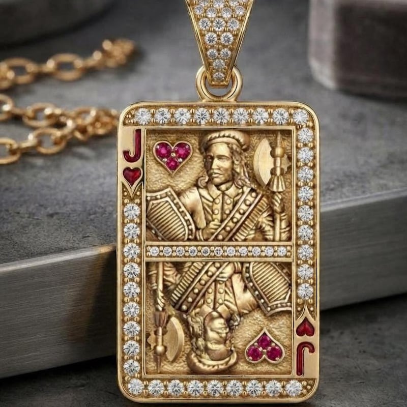 Jack of Hearts Playing Card Pendant, 14K Gold Finish Diamond & Ruby Custom Men Charm, Hip Hop Card Pendant, Luxury Gambling Jewelry Gift